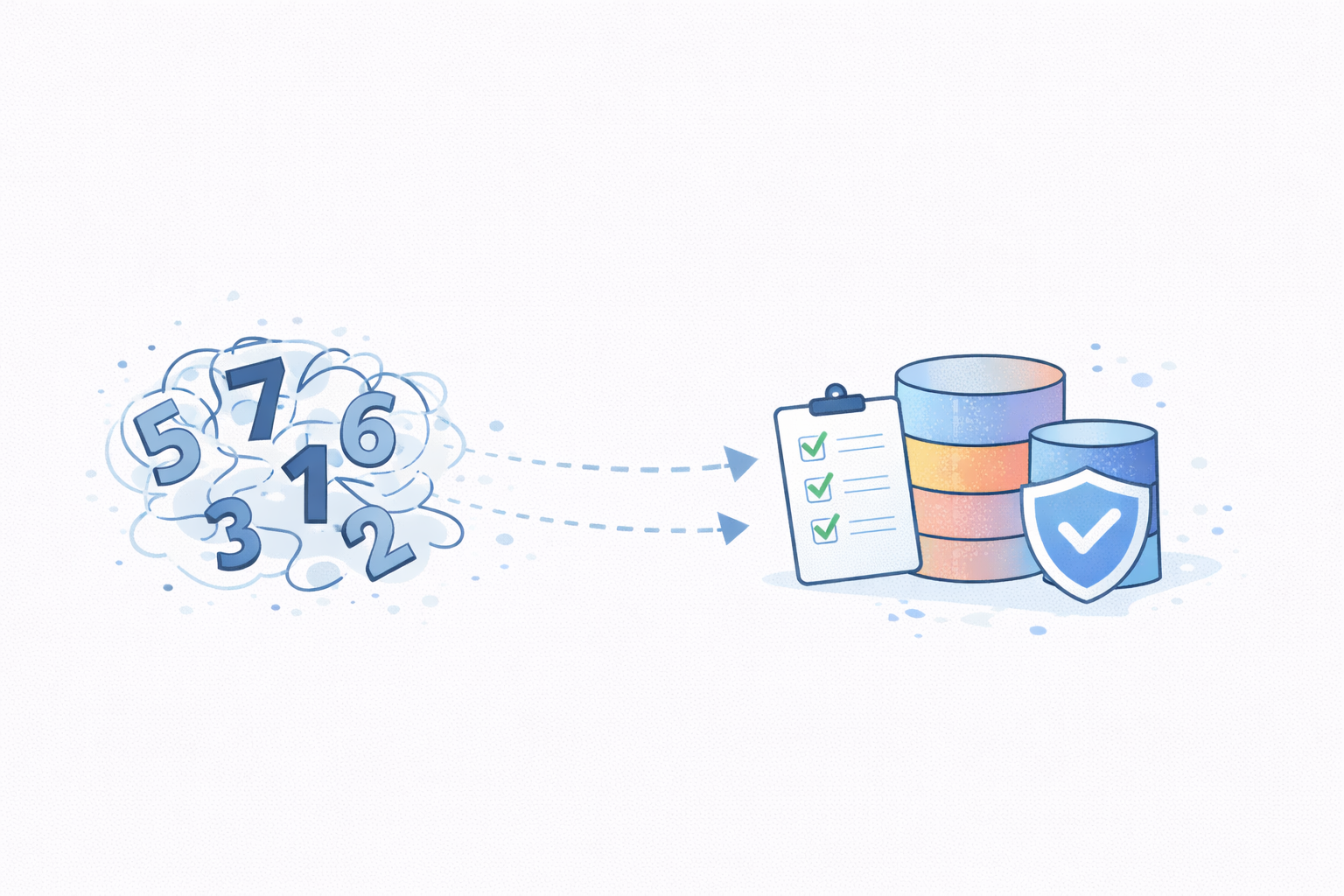 Illustration of numbered data points on the left transforming into checked checklist and secured databases on the right.