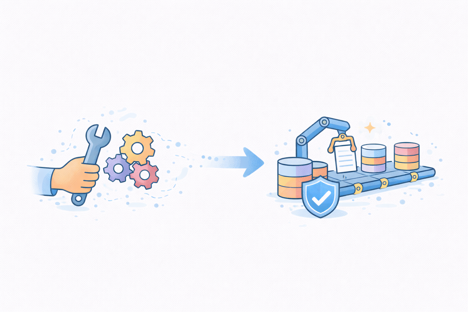 Hand holding a wrench and three gears pointing to an automated conveyor belt with data storage disks, a robotic arm holding a clipboard, and a shield with a checkmark symbolizing secured automation.