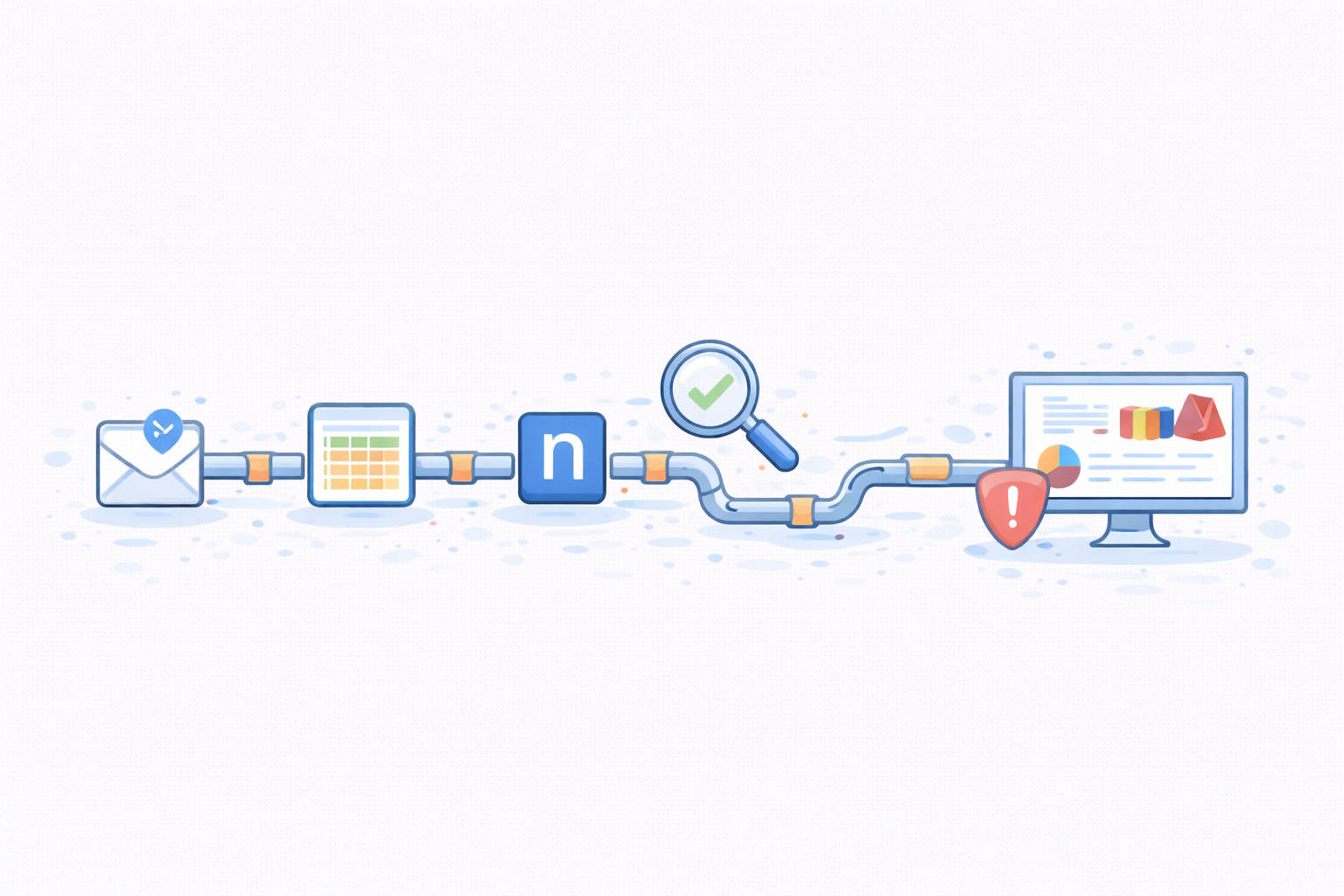 Illustration of a data pipeline connecting an email, spreadsheet, Notion app, magnifying glass with a checkmark, and a computer monitor with charts, ending with a red alert shield.