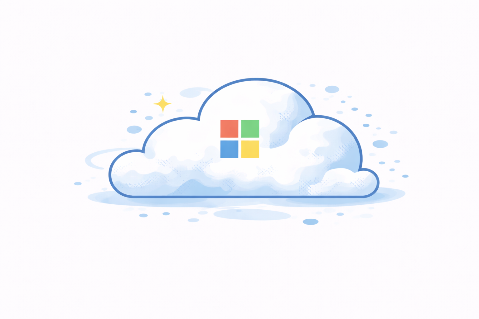 Illustration of a white cloud outlined in blue with the Microsoft logo in the center and small blue dots around it.