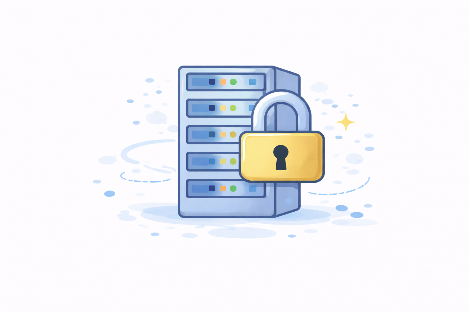 Server rack secured with a large yellow padlock symbolizing data security.