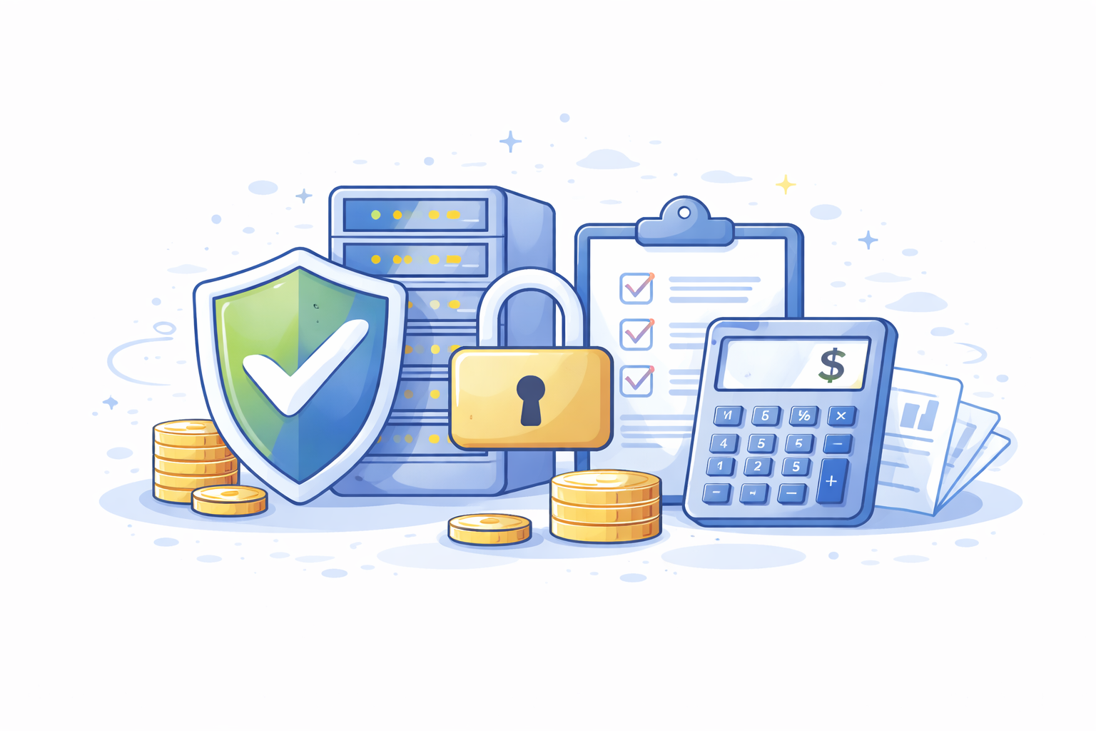 Illustration of financial security with a shield, lock, server, checklist, calculator, and stacks of coins.