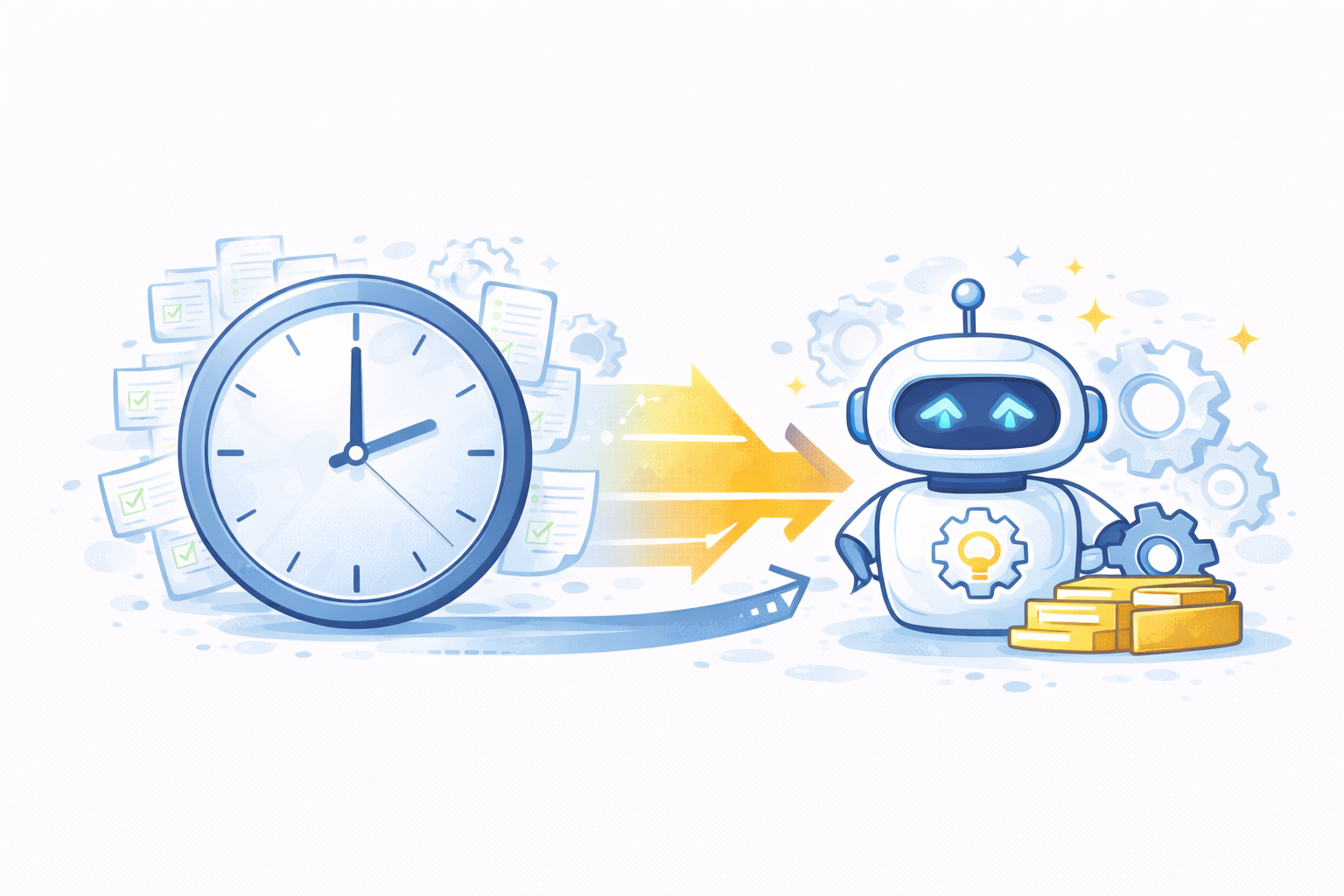 Illustration of a clock surrounded by checklists with an arrow pointing to a robot holding a gear next to gold bars representing automation and efficiency.