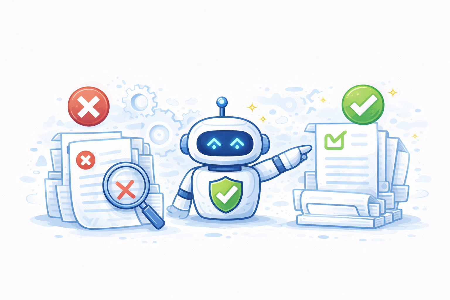 Robot with a green check mark on its chest pointing to a stack of papers with green check marks while a magnifying glass inspects a stack of papers with red X marks.