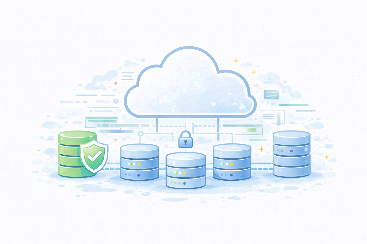 Illustration of multiple database servers connected to a central cloud with a padlock symbolizing secure cloud storage, and a green database with a shield and checkmark indicating protection.