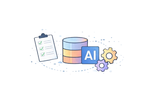 Illustration of a database cylinder, a clipboard with checkmarks, an AI label, and two interlocking gears representing AI and data processing.