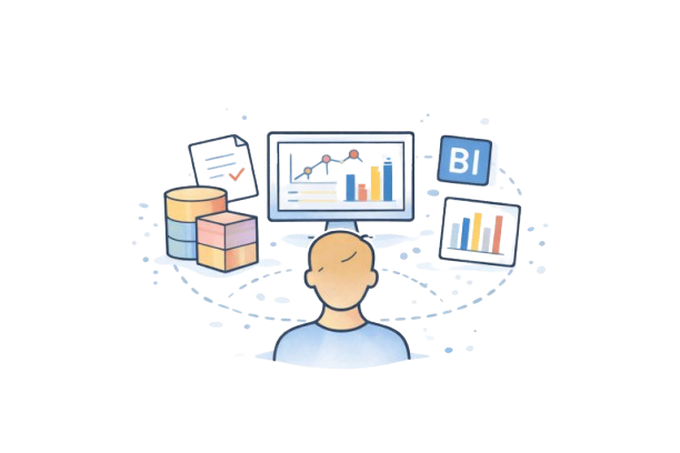 Illustration of a person viewing multiple floating data visualizations including bar charts, graphs, and cubes.