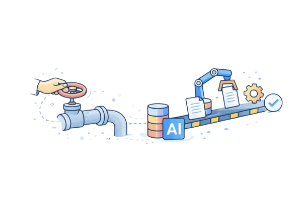 Illustration of a hand turning a valve connected to a pipe, feeding into a conveyor belt labeled AI with a robotic arm handling documents and a gear icon, symbolizing automated AI-driven processing.