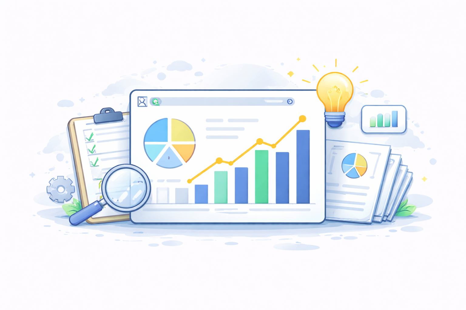 Illustration of a data analytics dashboard with bar and pie charts, a magnifying glass, a checklist clipboard, stacked reports, and a glowing light bulb.