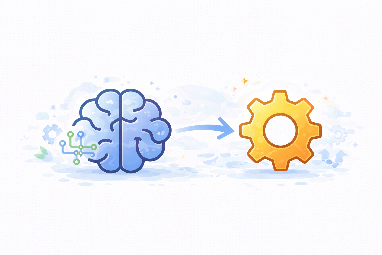 Illustration of a blue brain with circuit lines leading to a yellow gear connected by a right-pointing arrow, symbolizing artificial intelligence or machine learning.