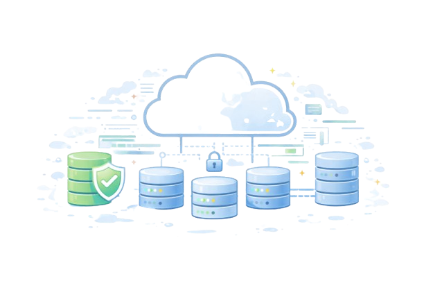 Illustration showing multiple database icons connected to a central cloud with a security shield and lock symbolizing secured cloud data storage.