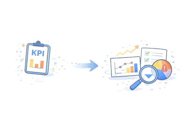 Illustration showing a KPI clipboard with bar charts on the left, an arrow pointing right, and on the right a laptop with graphs, a checklist, a pie chart with an alert symbol, and a magnifying glass.