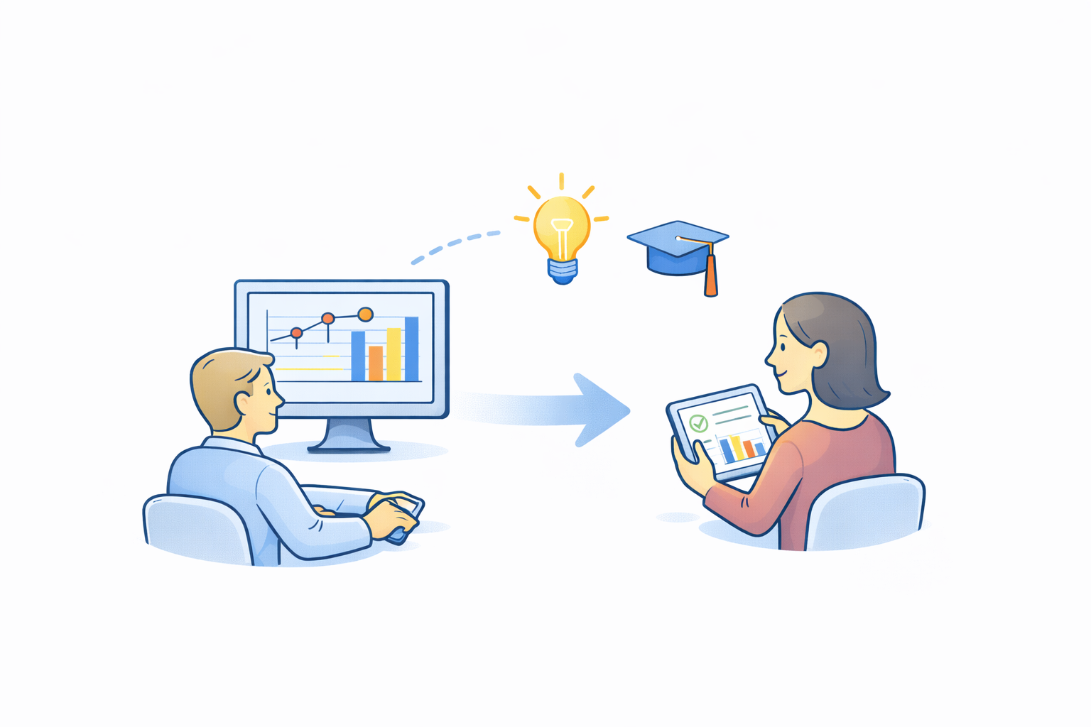 Illustration of a man analyzing data on a computer with charts, sending ideas symbolized by a lightbulb and graduation cap to a woman reviewing the data on a tablet.
