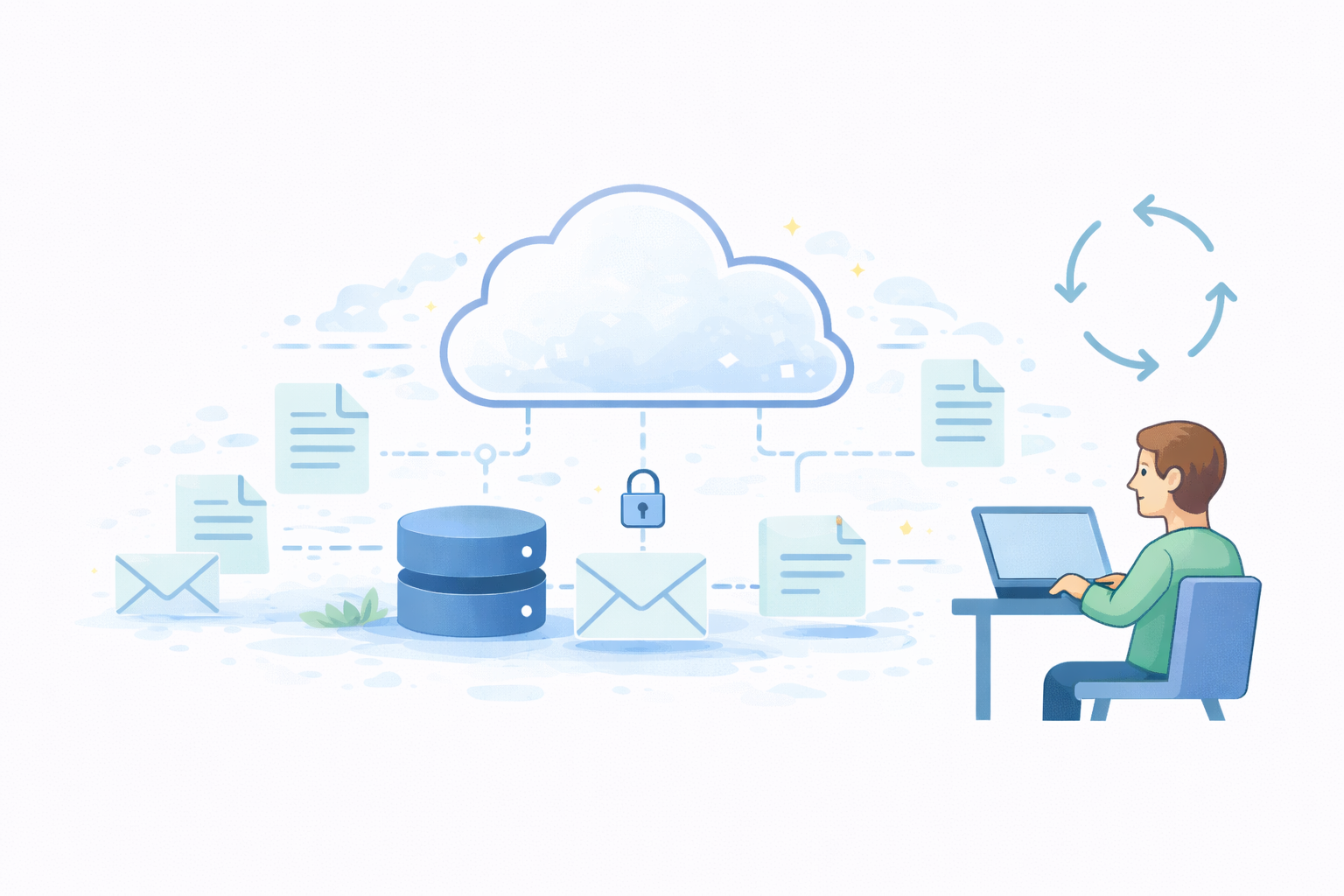 Illustration of a person using a laptop connected to cloud storage with secured emails and documents.