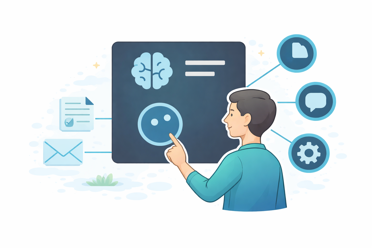Person interacting with graphical icons including a brain, checklist, envelope, chat bubble, and gear symbol on a digital interface.