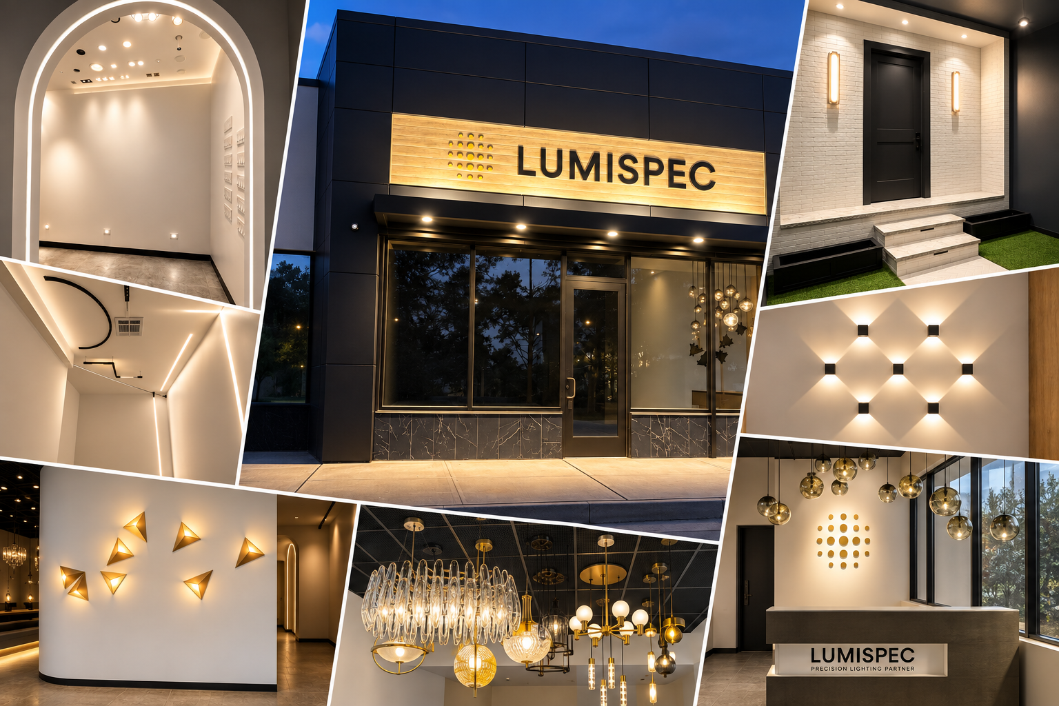 Lumispec Lab lighting showroom collage featuring architectural, decorative and interactive lighting displays in Toms River, New Jersey.