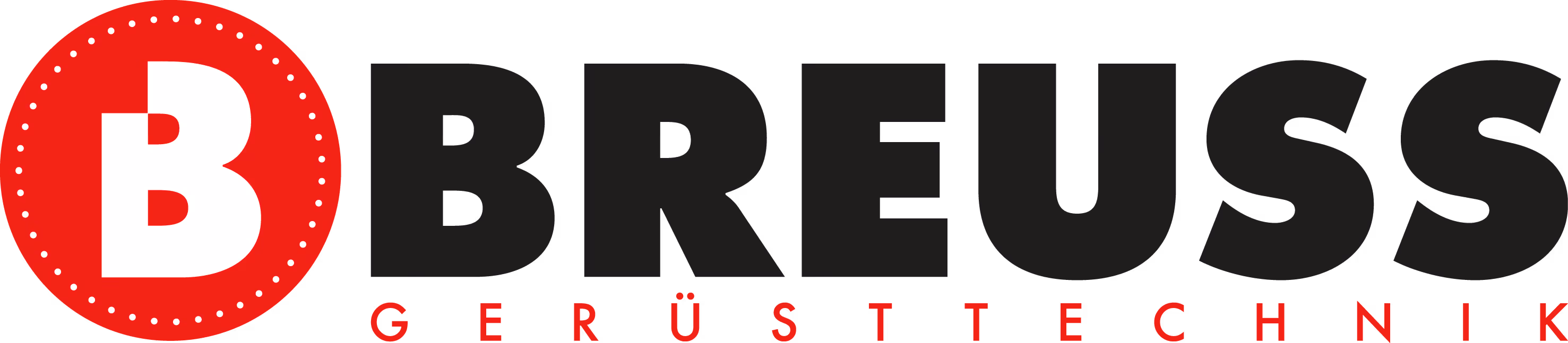 Logo der Firma Breuss mit großem weißem B in rotem Kreis und dem Text Breuss Gerüsttechnik darunter.