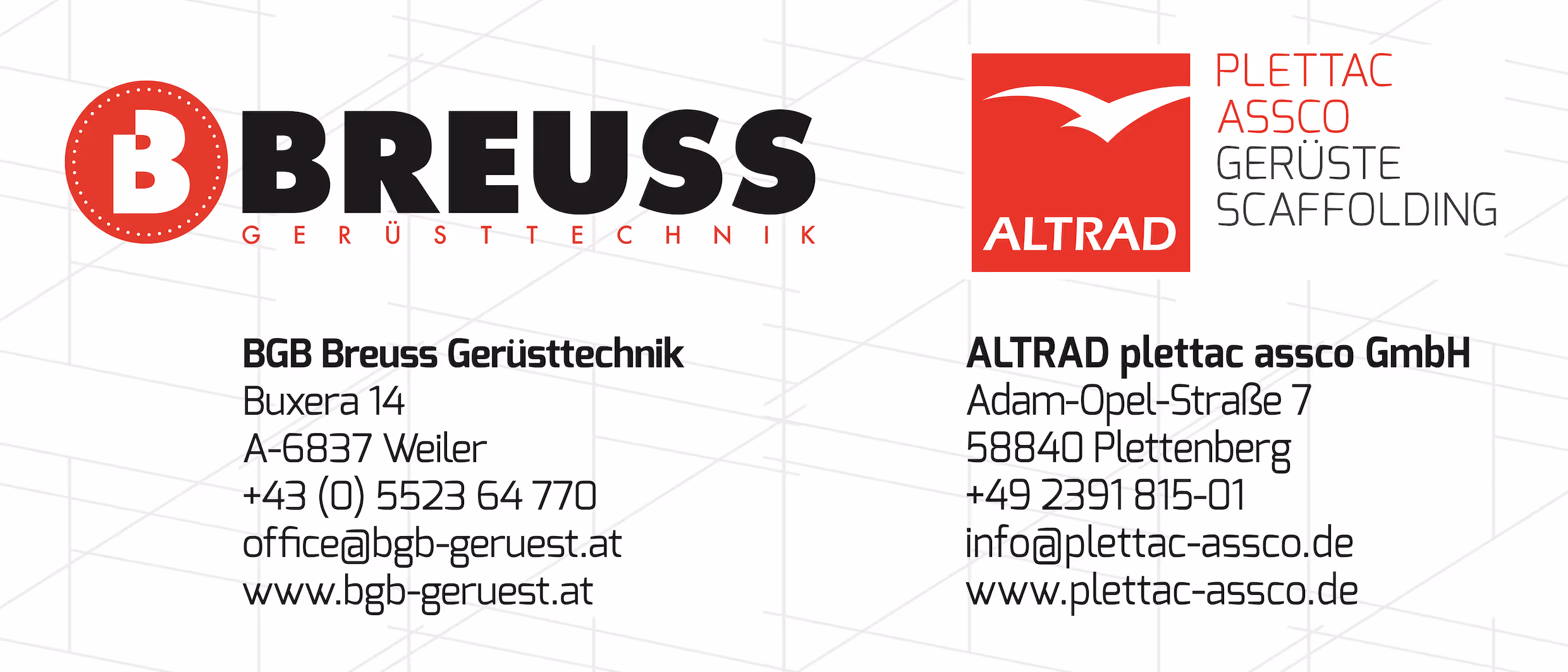 Kontaktinformationen für BGB Breuss Gerüsttechnik in Weiler und ALTRAD plettac assco GmbH in Plettenberg mit Logos und Adressen.