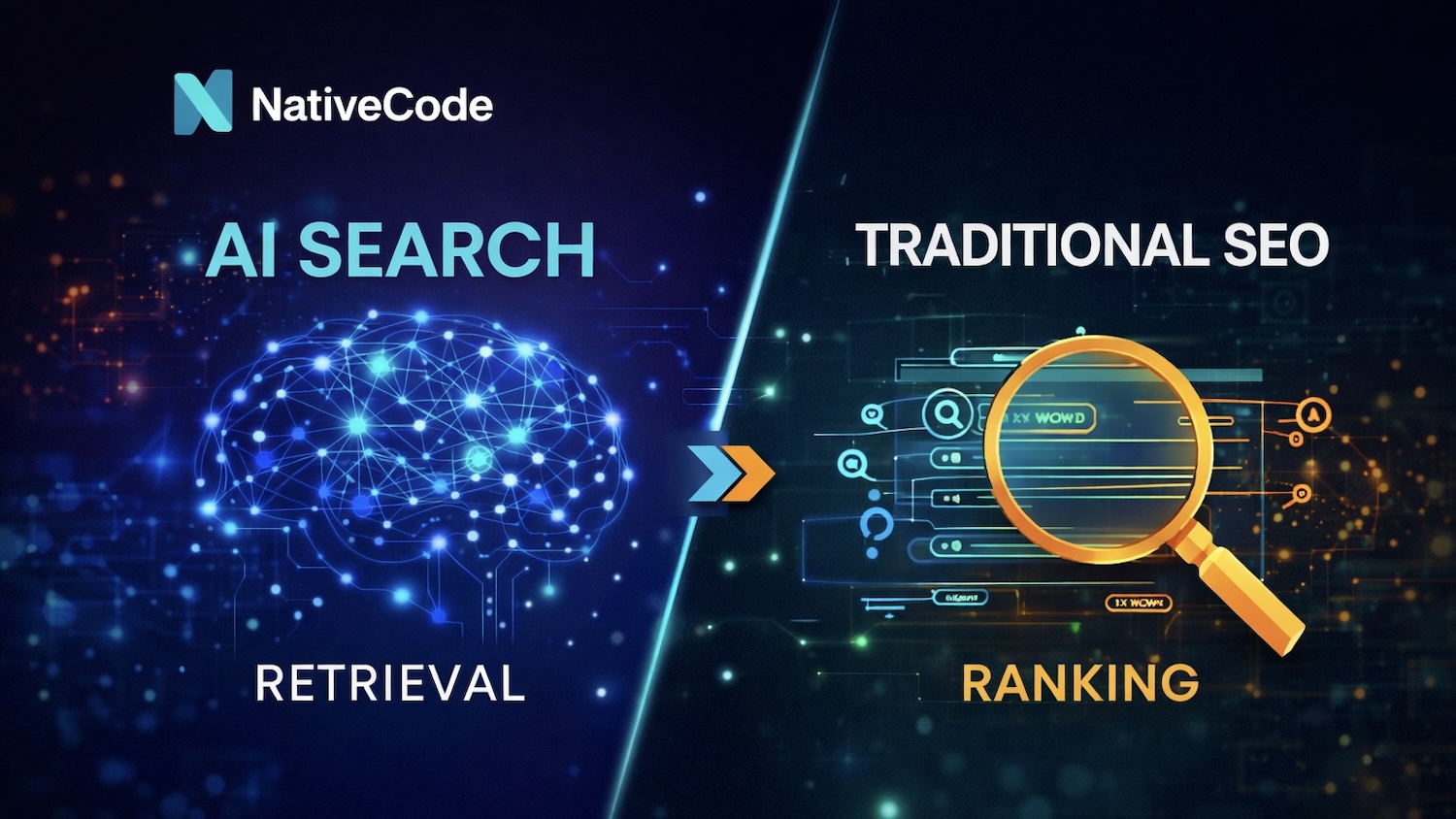 Comparison of AI search versus traditional SEO: ranking versus retrieval.