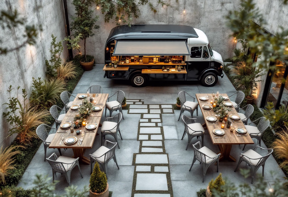 [background image] image of an outdoor eating area (for a food truck)