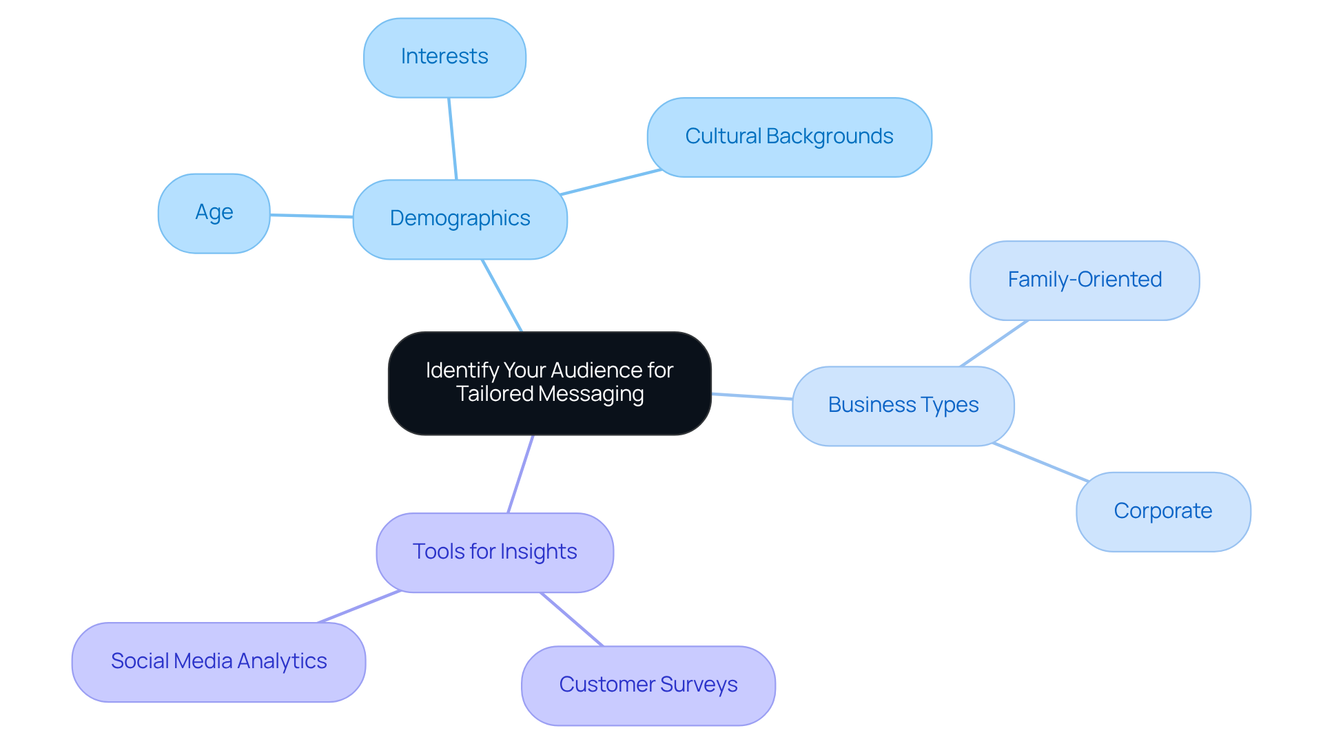 The central idea is about understanding your audience. Each branch represents different factors that help you tailor your messages, making them more impactful and relevant.