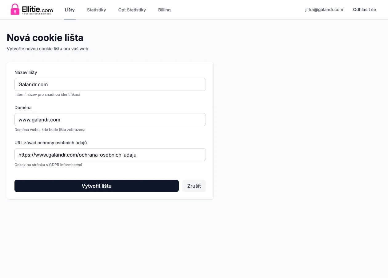 Nastavení nové cookie lišty na webu s názvem, doménou a URL zásad ochrany osobních údajů vyplněnými, tlačítka Vytvořit lištu a Zrušit.