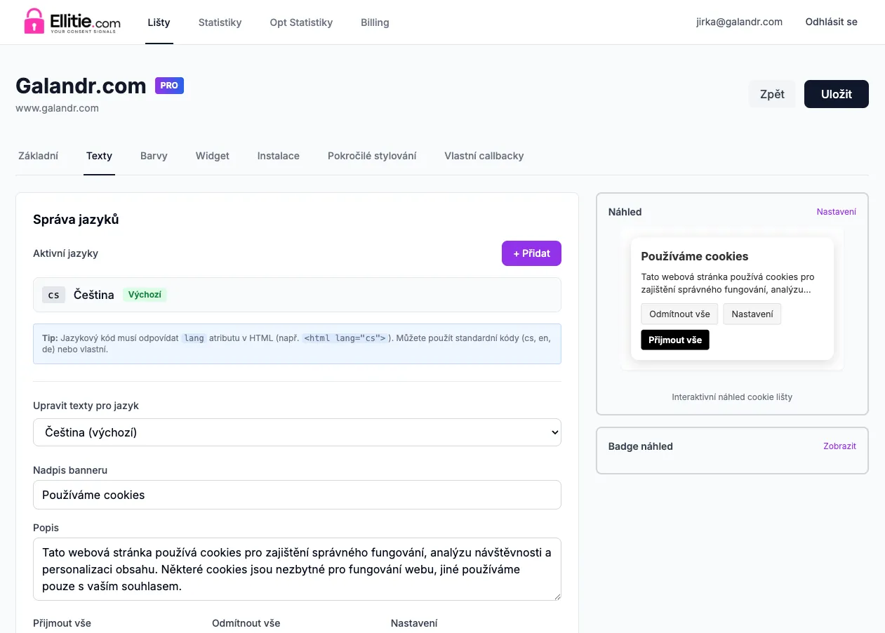Administrace textů cookie lišty pro web Galandr.com s nastavením jazyka, titulku banneru a popisu v češtině.