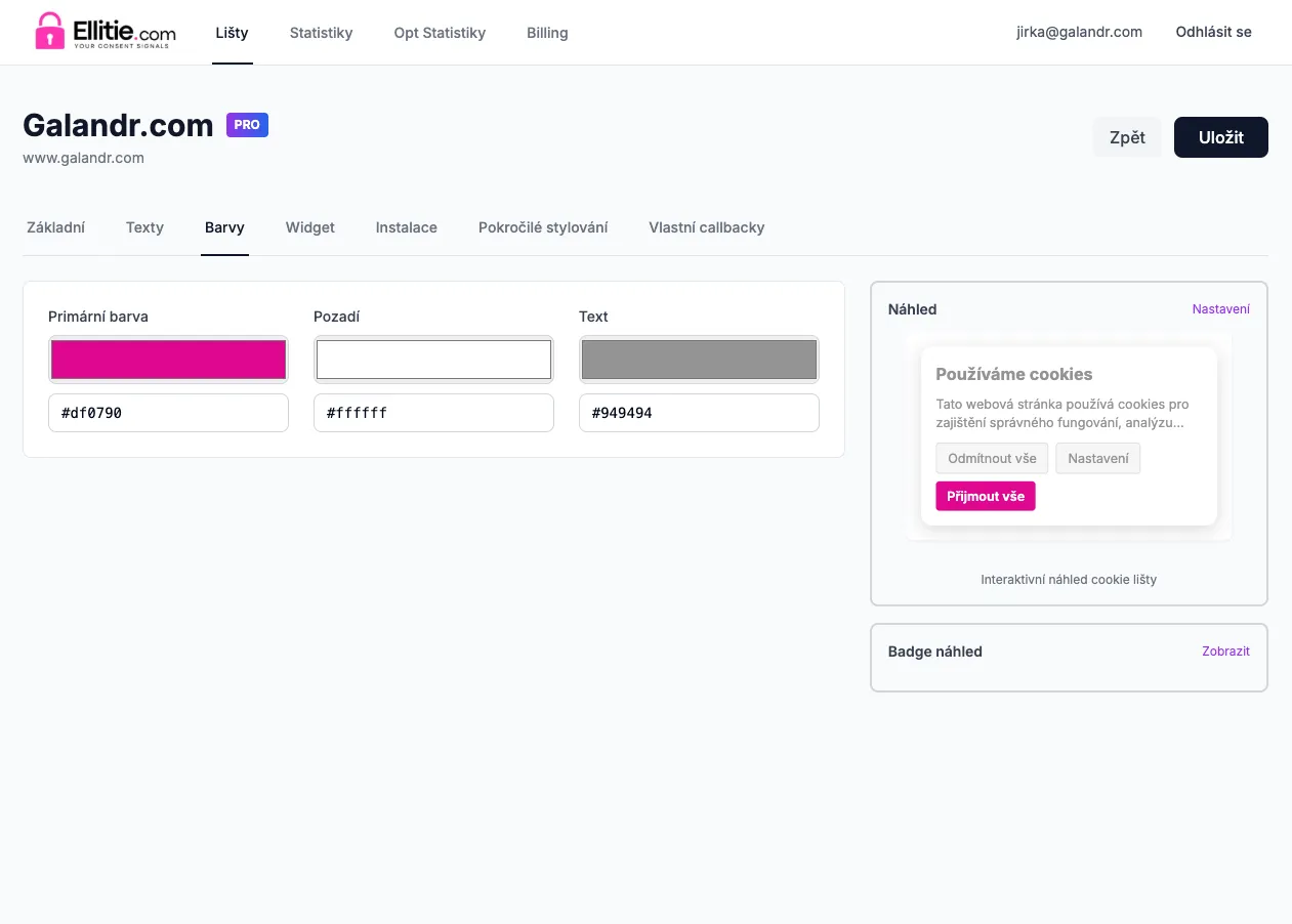 Nastavení barev cookies banneru s primární barvou růžovou #df0790, bílým pozadím a šedým textem #949494, včetně náhledu cookie lišty s tlačítky pro přijetí a odmítnutí cookies.