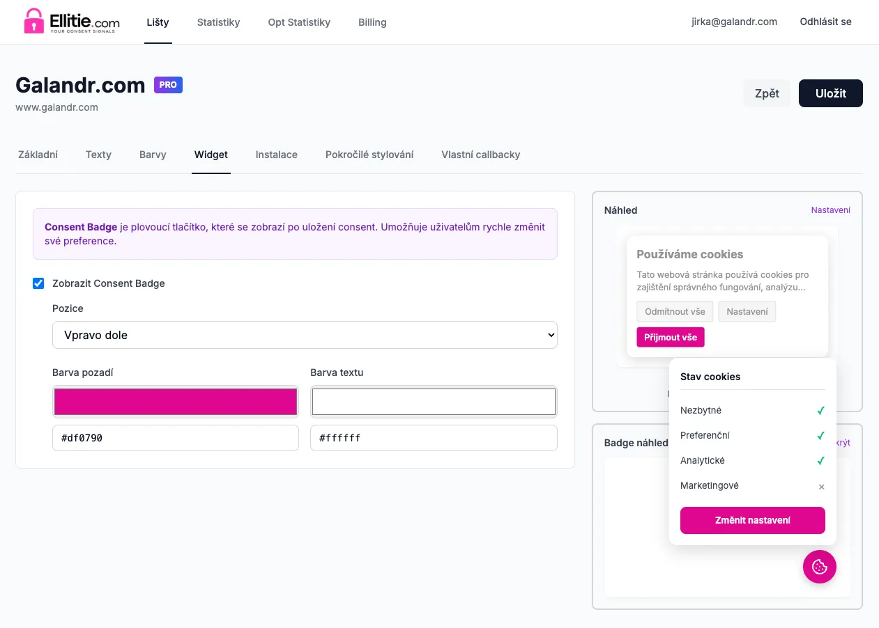 Nastavení widgetu pro Consent Badge s možností zobrazit plovoucí tlačítko, nastavit pozici, barvu pozadí a barvu textu, spolu s náhledem cookie lišty a nastavení stavů cookies.