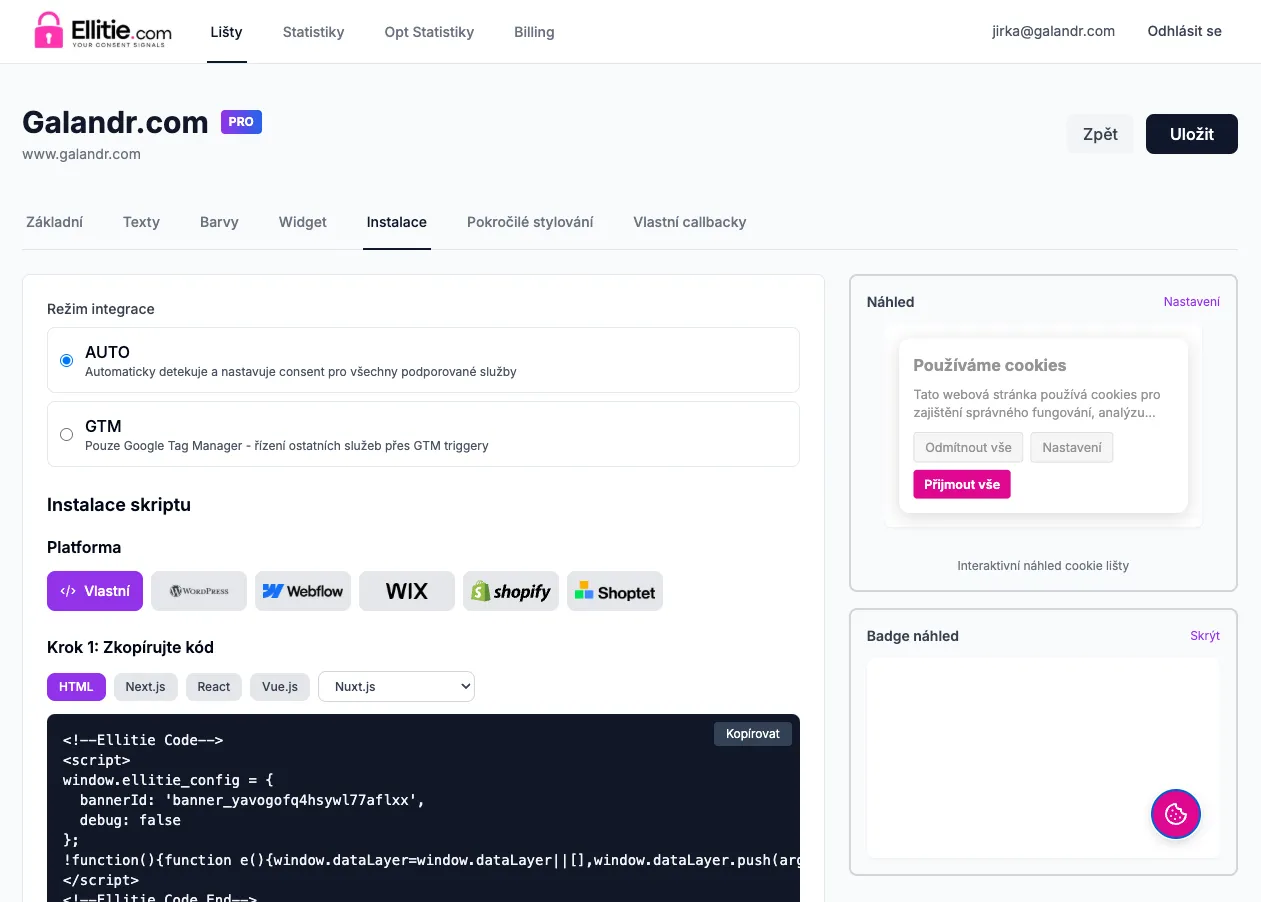 Nastavení instalace cookie lišty pro web Galandr.com s volbou integračního režimu, platformy a skriptu v administraci Ellitie.com.