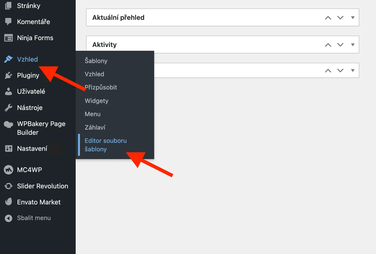 Administrace WordPress s rozbalenou nabídkou Vzhled a zvýrazněnými položkami Vzhled a Editor souboru šablony.