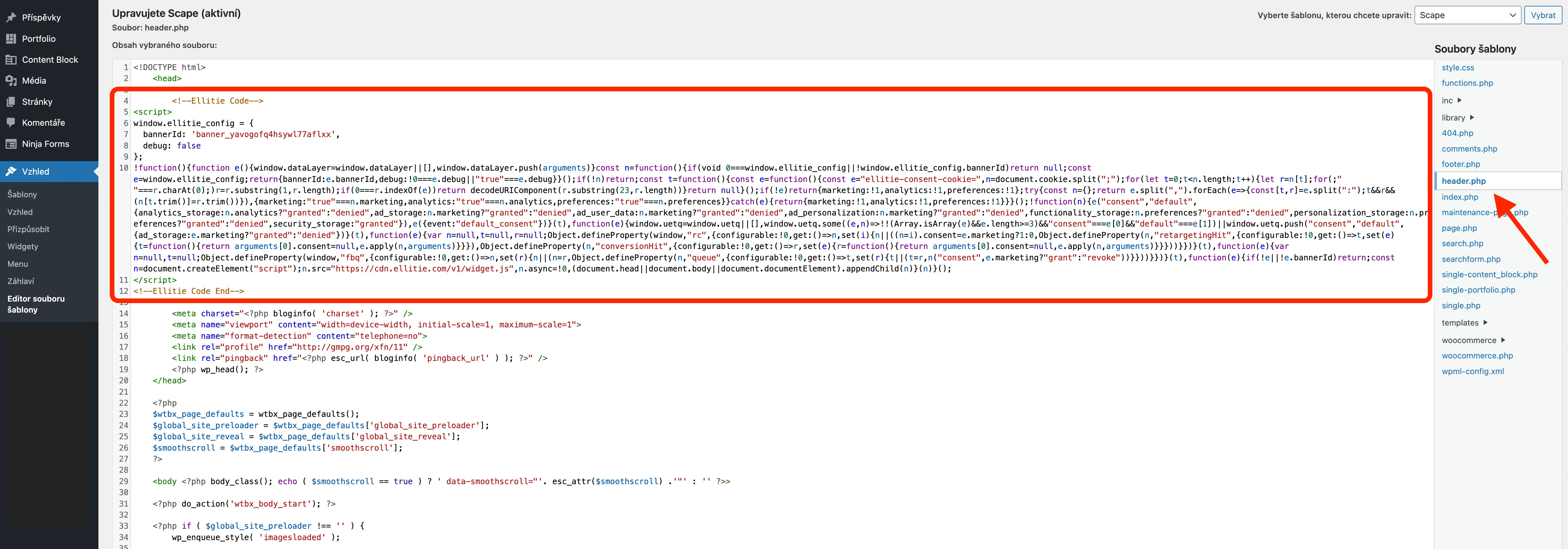 Editor šablon WordPress zobrazující kód JavaScriptu pro Ellitie cookie banner v souboru header.php.
