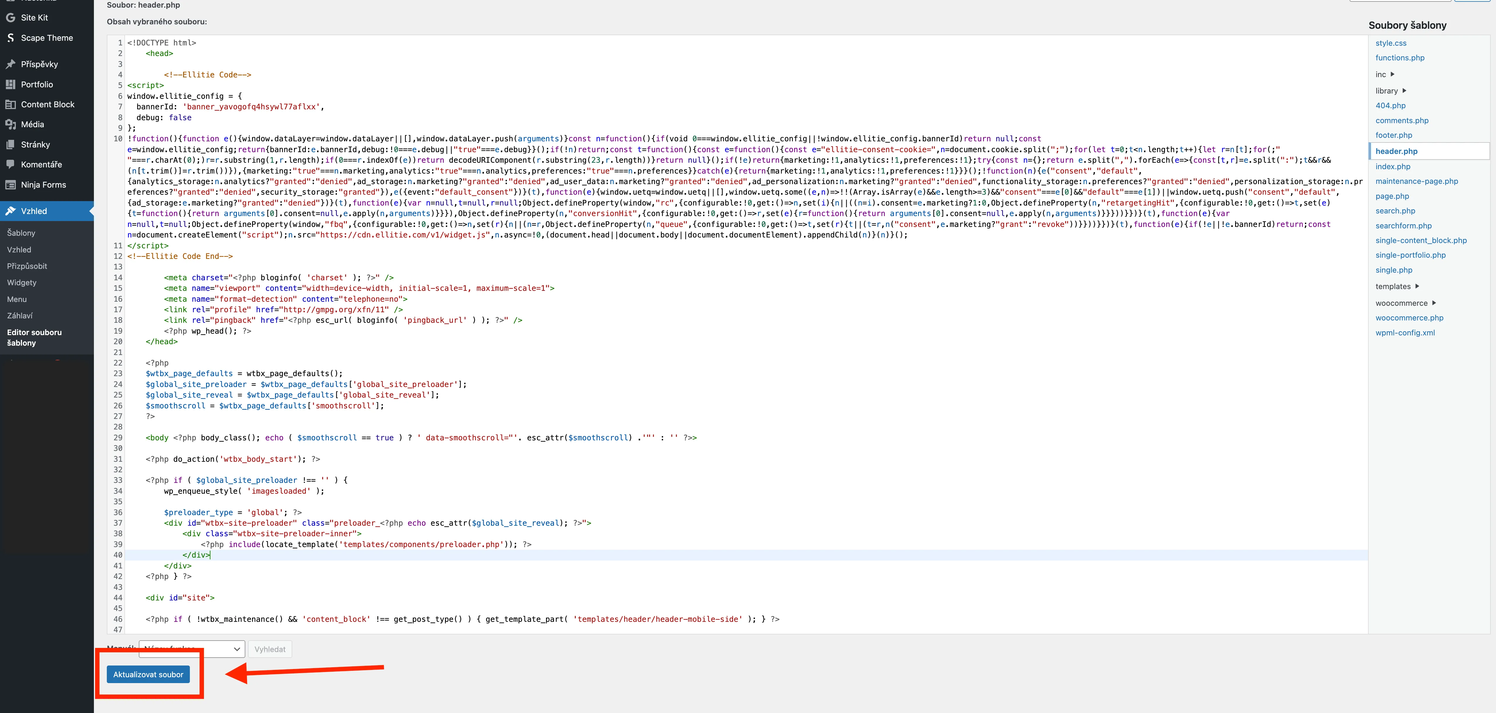 Editor souboru WordPress zobrazující kód PHP s vybraným souborem header.php a zvýrazněným tlačítkem Aktualizovat soubor v levém dolním rohu.