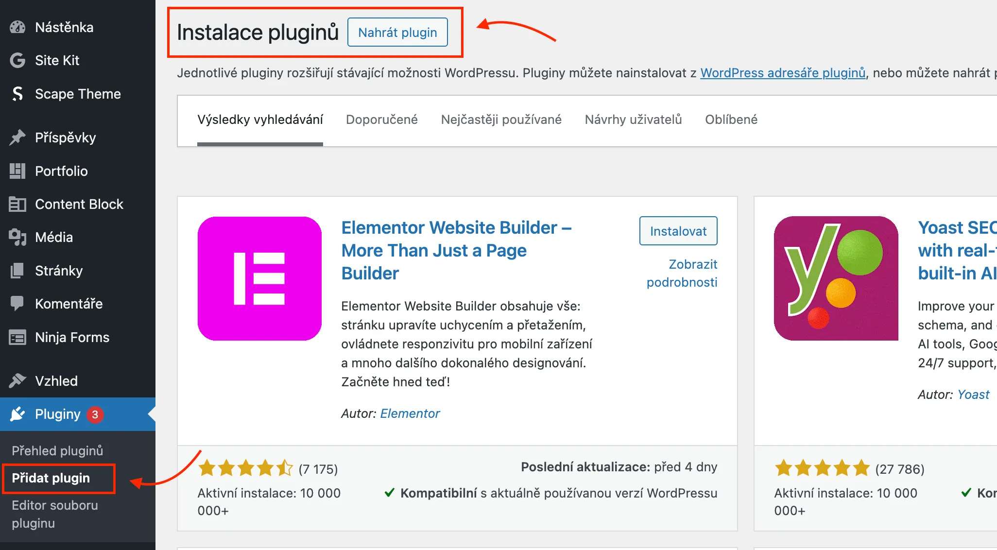 Stránka instalace pluginů ve WordPressu s tlačítkem Nahrát plugin a zobrazením pluginu Elementor Website Builder k instalaci.