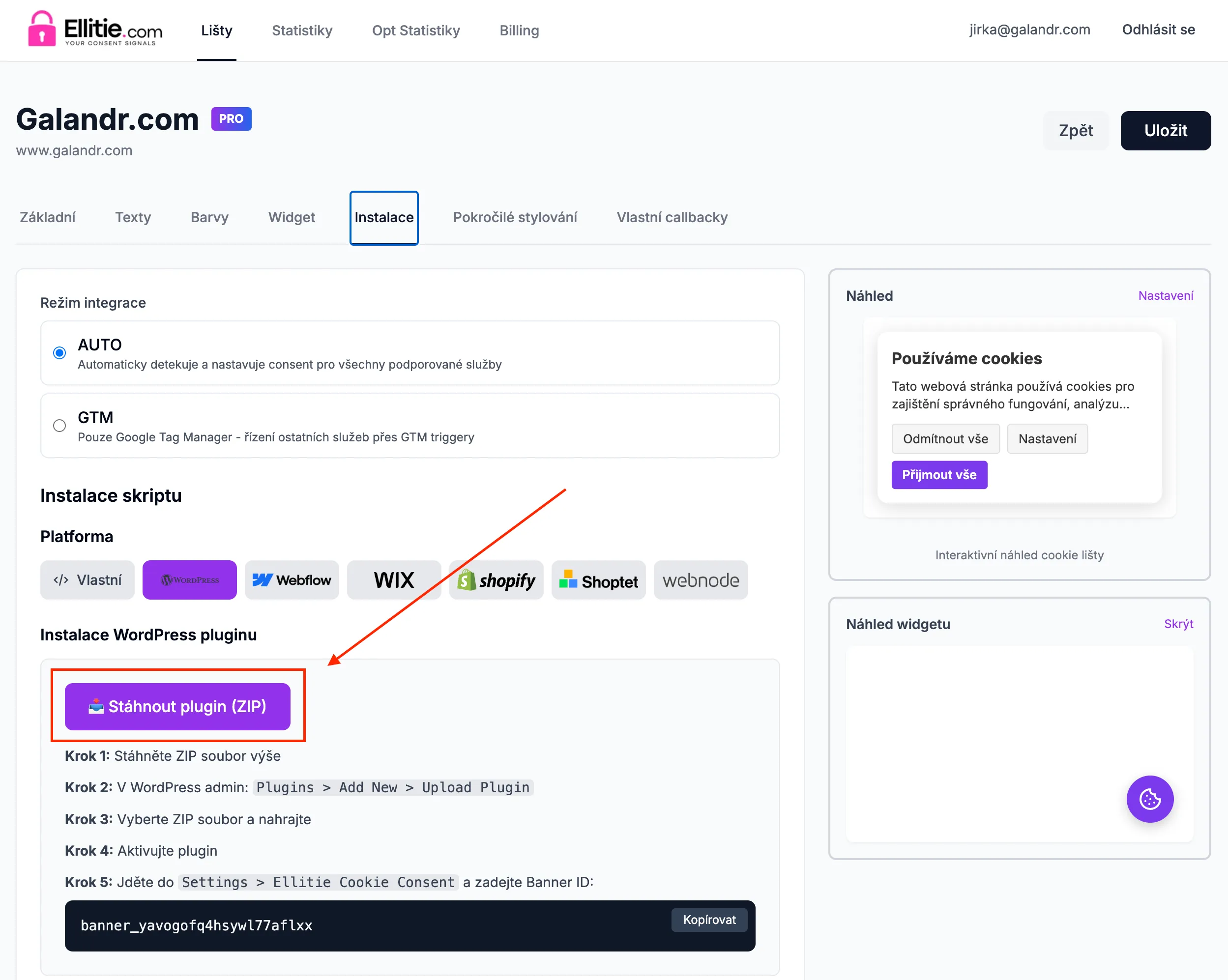 Nastavení instalace WordPress pluginu na webu Galandr.com s tlačítkem Stáhnout plugin (ZIP) a pokyny krok za krokem.