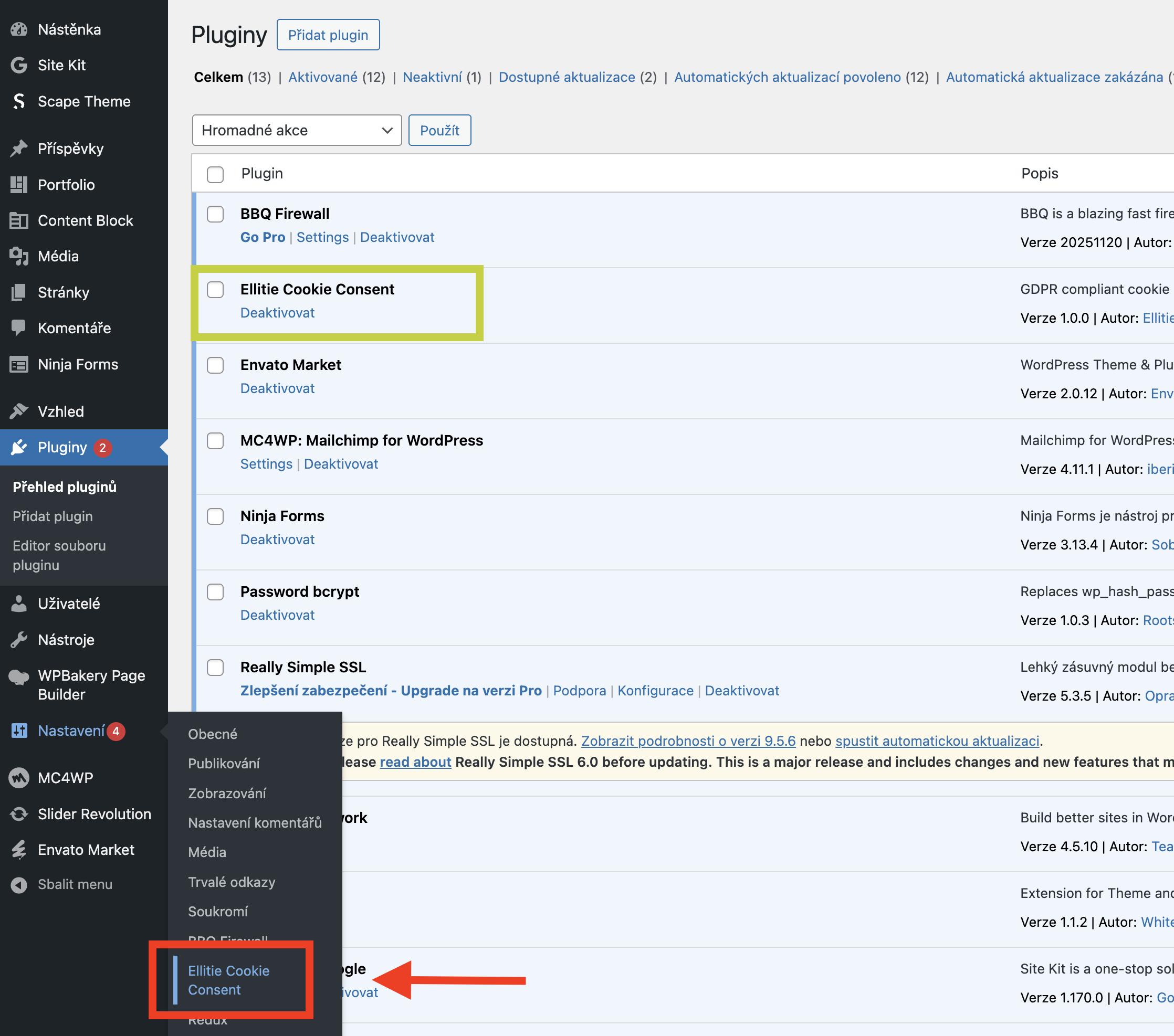 Administrace WordPressu se seznamem pluginů, zvýrazněný plugin Ellitie Cookie Consent a jeho volba v levém menu Nastavení.