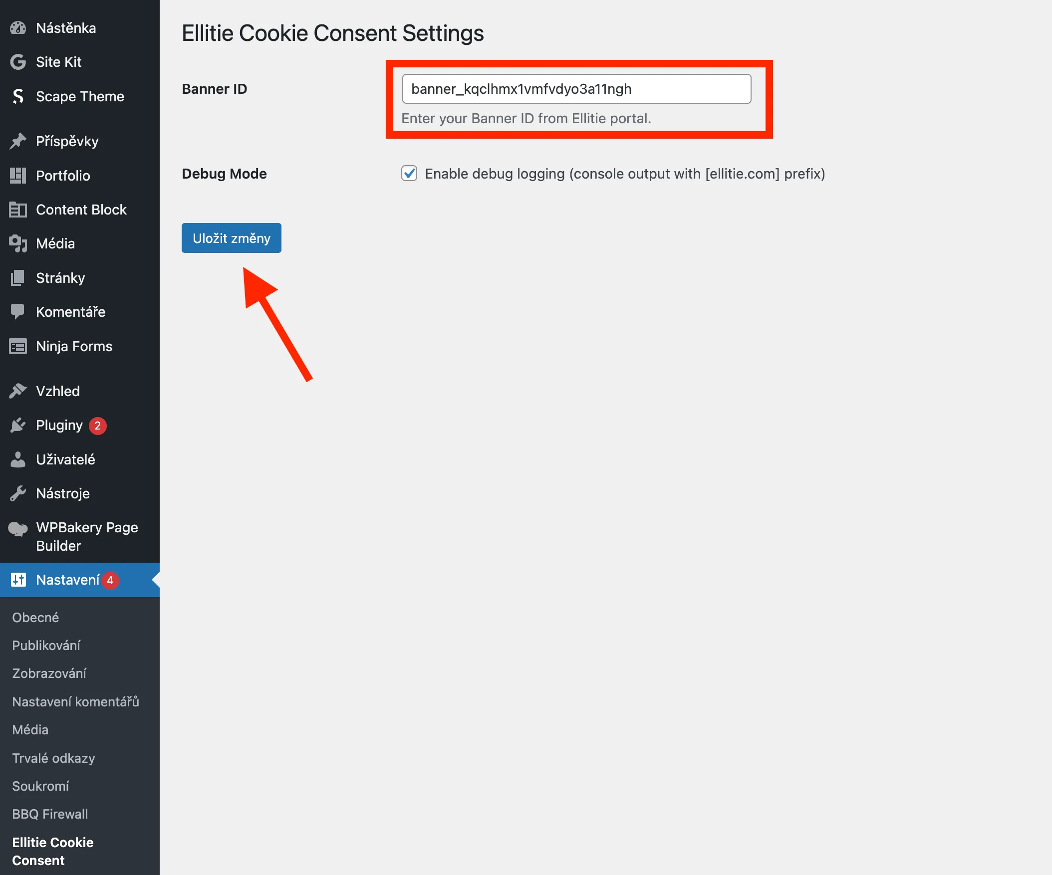 Nastavení pluginu Ellitie Cookie Consent ve WordPressu se zvýrazněným polem pro Banner ID a tlačítkem Uložit změny.