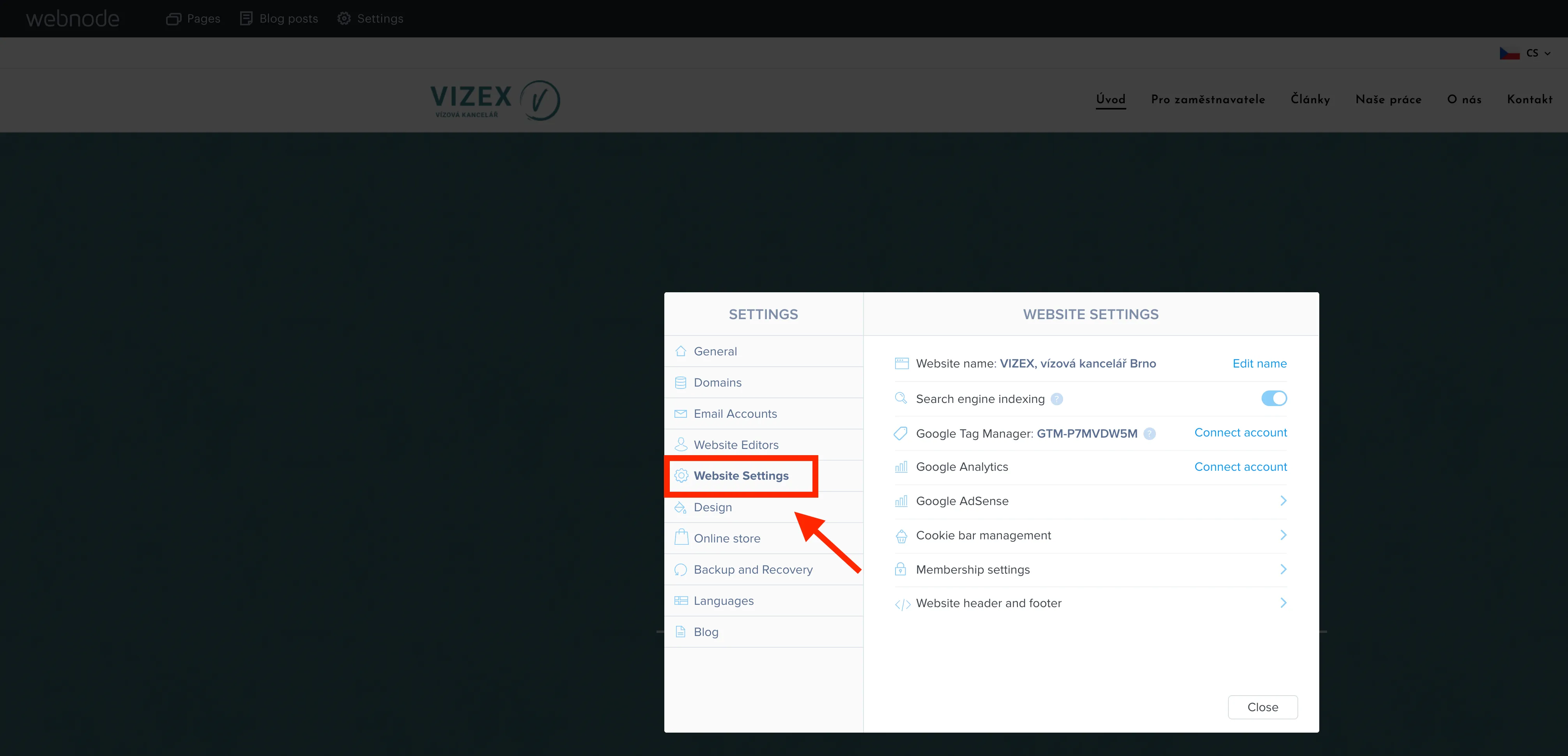 Nastavení webu v administraci s označenou sekcí Website Settings a červenou šipkou.
