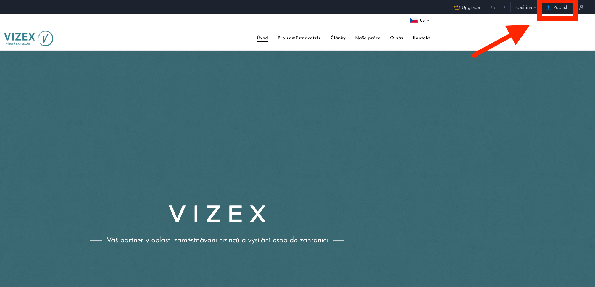Webová stránka firmy VIZEX s nabídkou zaměstnávání cizinců a vysílání osob do zahraničí, tlačítko Publikovat zvýrazněné vpravo nahoře.