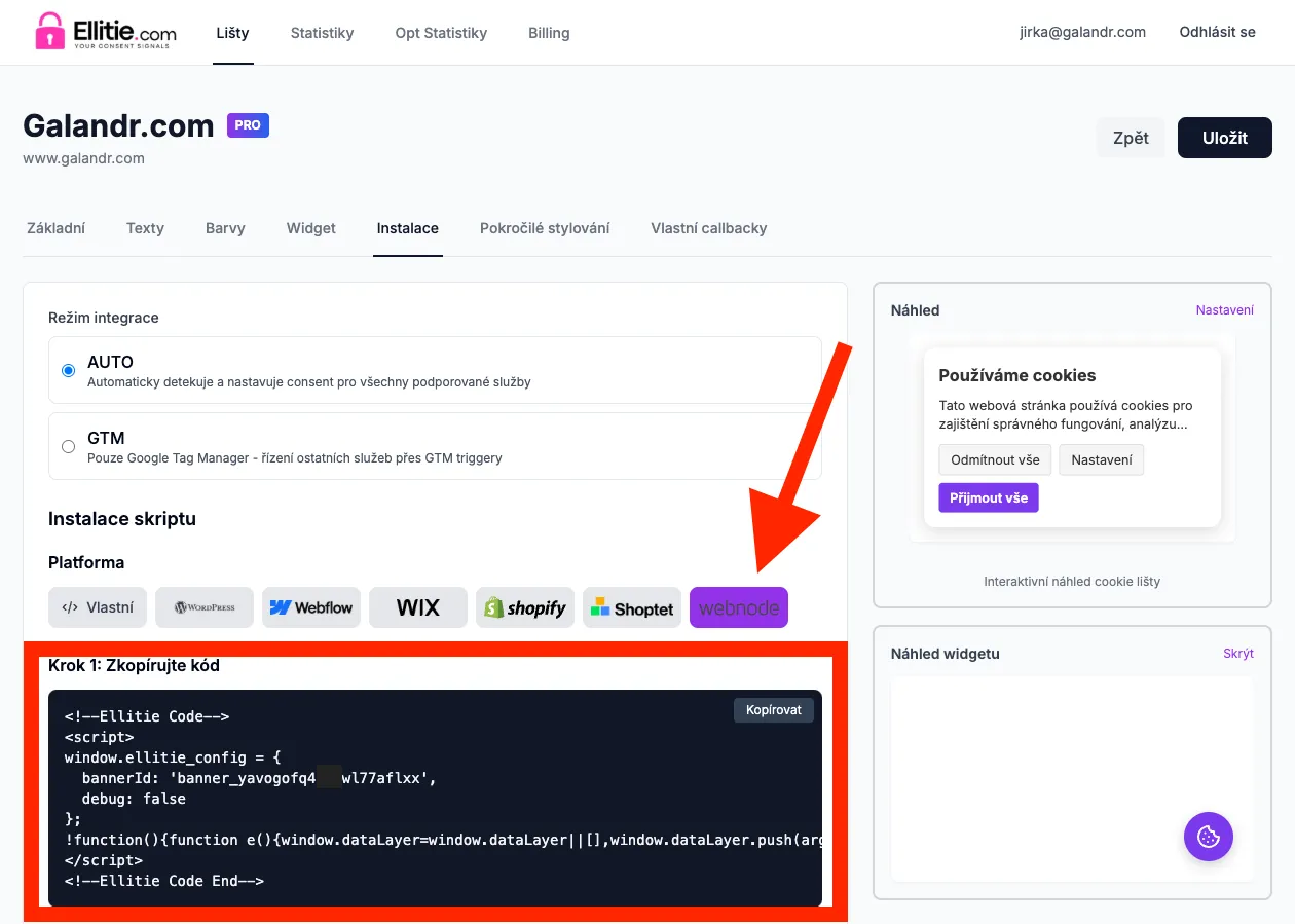 Nastavení Ellitie consent skriptu s integrovanou volbou platformy Webnode a zkopírovatelným kódem pro vložení.