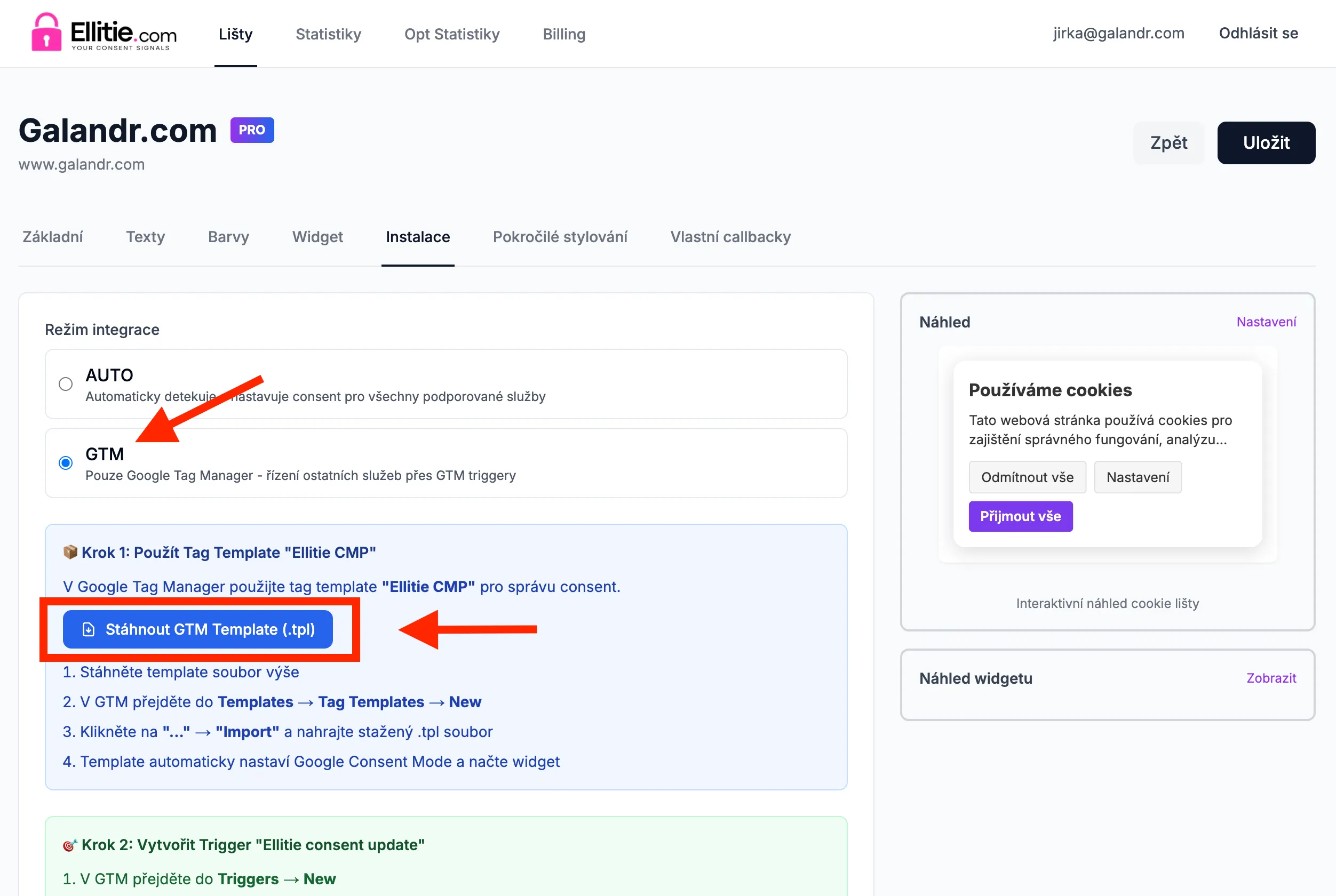 Nastavení integrace Google Tag Manageru v Ellitie.com s vybranou volbou GTM a tlačítkem pro stažení GTM Template.