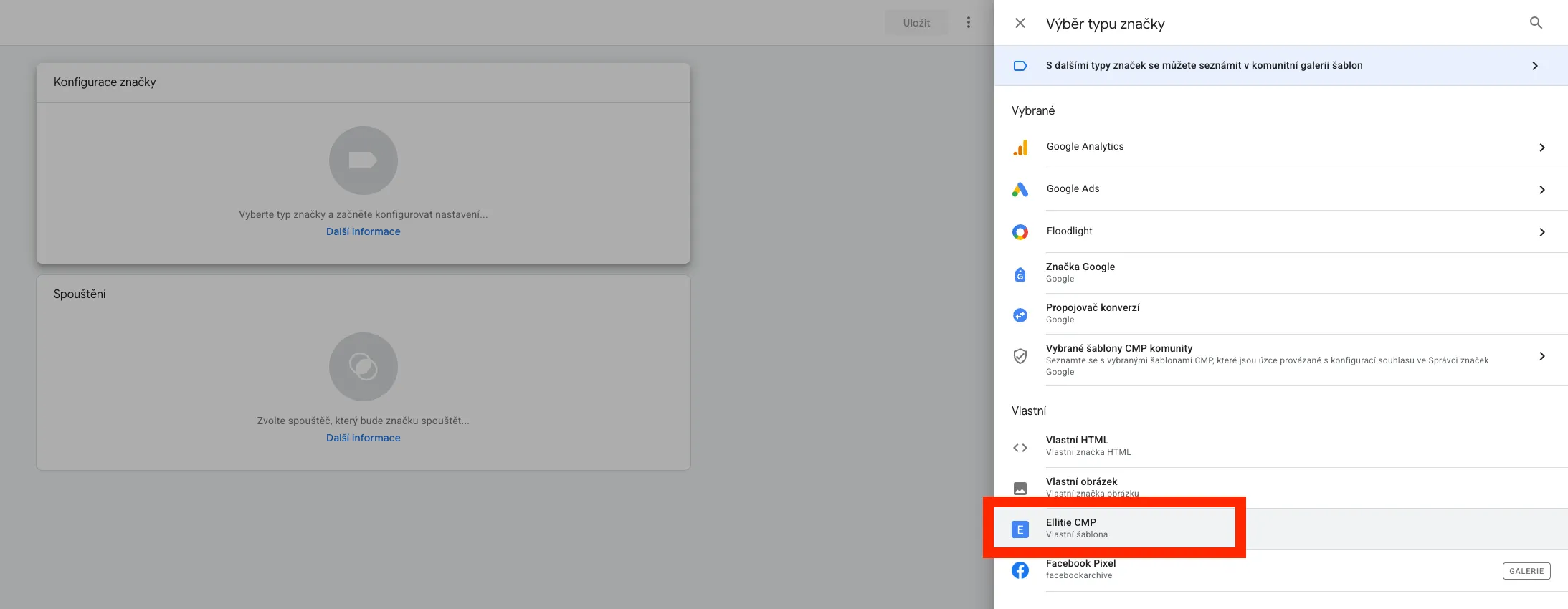 Rozhraní pro výběr a konfiguraci typu značky v Google Tag Manager s vybranou šablonou Ellitie CMP zvýrazněnou červeným rámečkem.