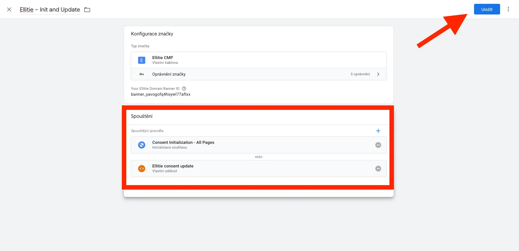 Nastavení spouštěcí události v rozhraní značky Ellitie s pravidly inicializace souhlasu a aktualizace souhlasu.