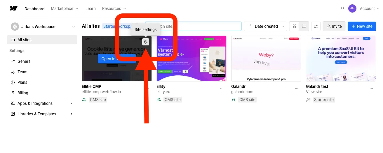 Webflow dashboard showing multiple website projects with a red arrow pointing to the Site Settings gear icon on one of the sites.