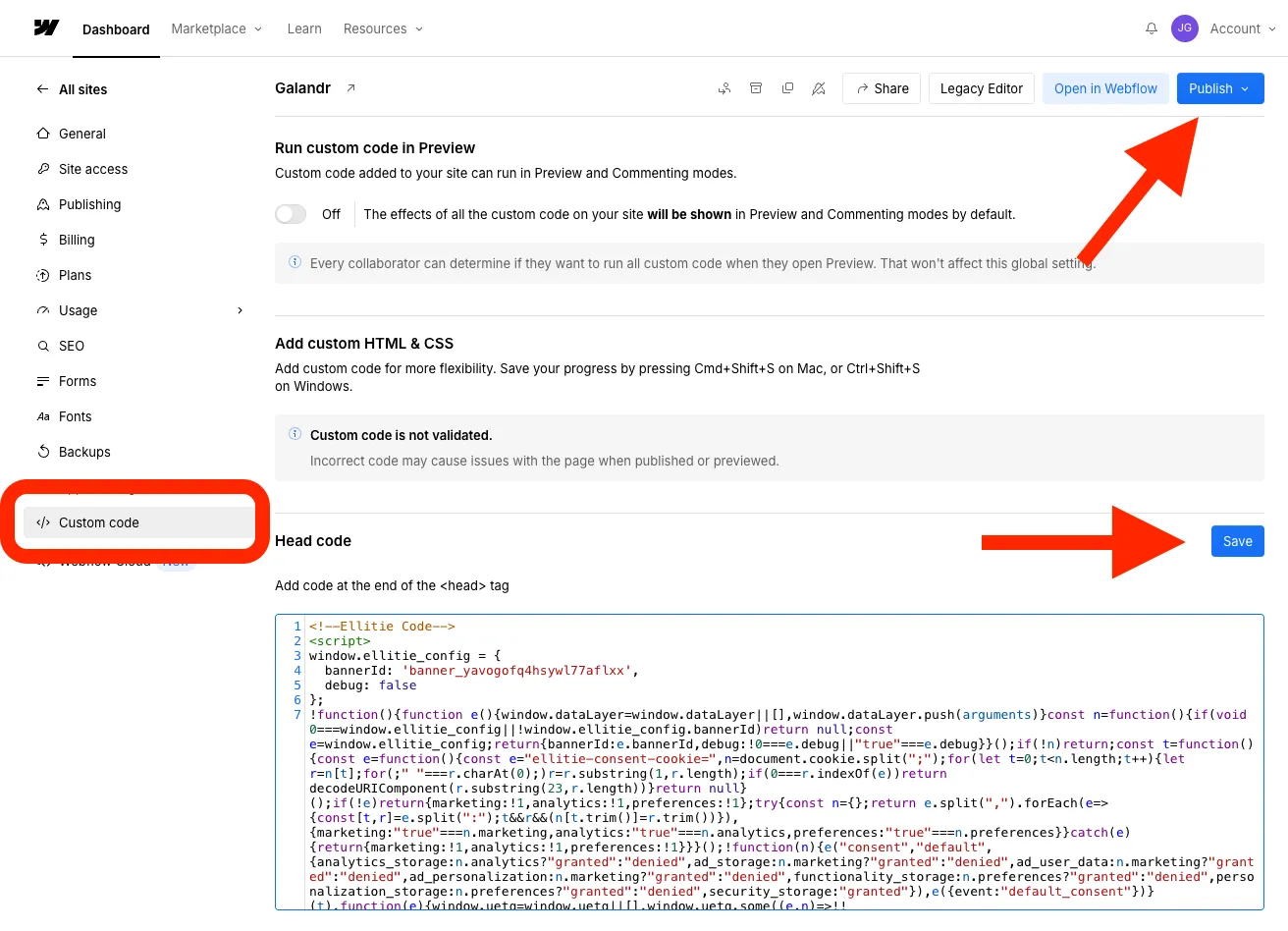 Nastavení vlastní kódové sekce v Dashboardu Webflow se zvýrazněnými tlačítky Uložit a Publish.