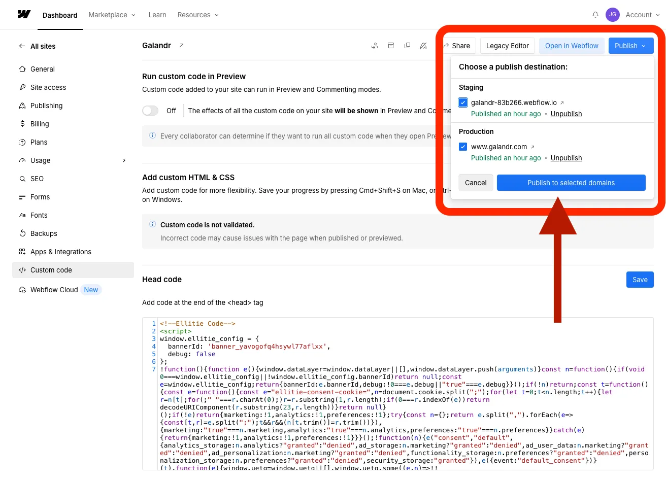 Webflow dashboard showing Custom code settings with a popup to choose a publish destination, highlighting 'Publish to selected domains' button.