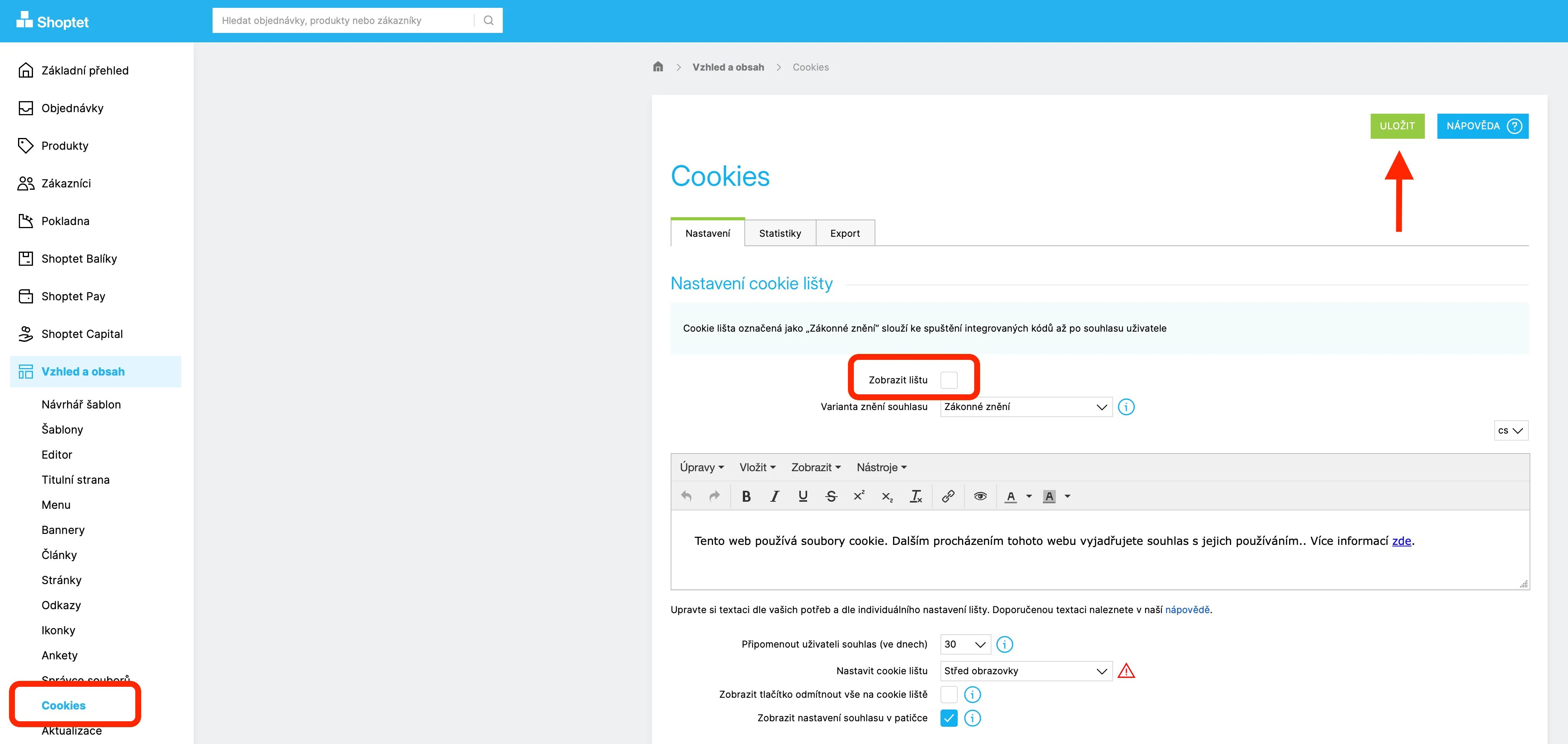 Administrace Shoptet se zobrazenou sekcí Nastavení cookie lišty s vybranou položkou Cookies v menu a tlačítkem Uložit označeným červenou šipkou.