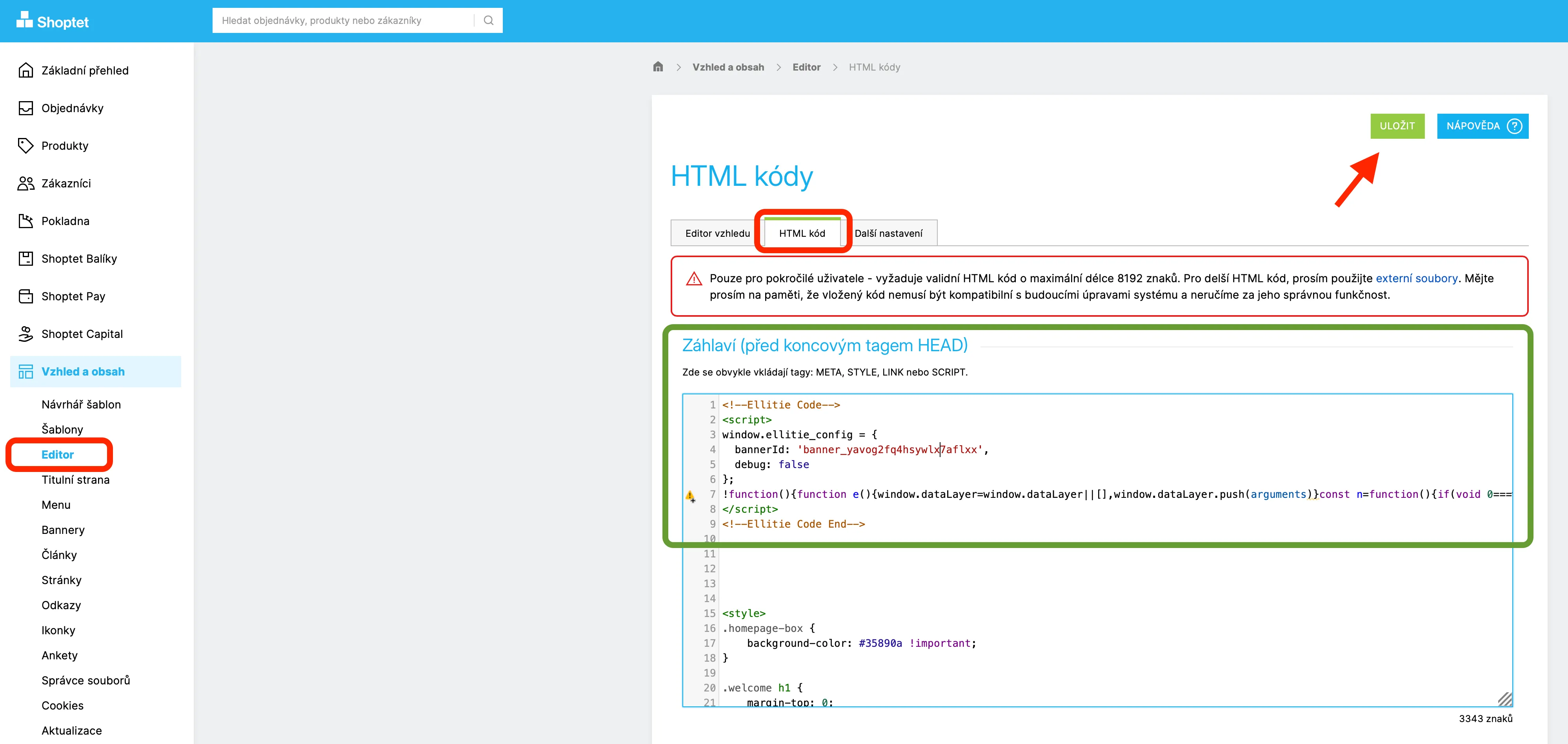 Rozhraní Shoptet s otevřenou stránkou Editor HTML kódů, zobrazuje oblast pro vložení HTML a CSS kódu, zvýrazněné záložky HTML kód a Editor, tlačítka Uložit a Nápověda.