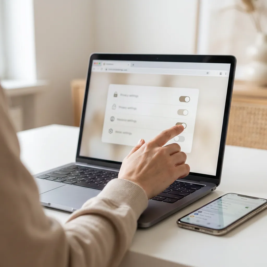 Uživatel nastavuje souhlas s cookies na notebooku – prst přepíná volby v okně nastavení soukromí; na stole leží mobilní telefon.