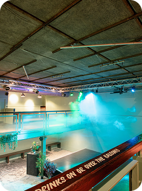 Indoor venue with elevated walkway, colorful stage lights, and fog effects creating an atmospheric scene.